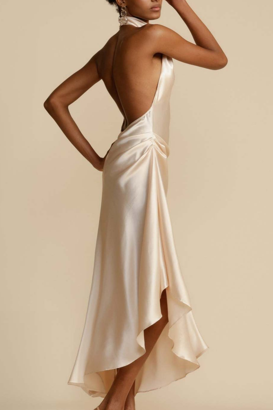 Elegant Solid Long Sleeve VNeck Satin Lurex Formal Dress