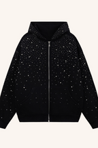Trendy Rhinestone Air Layer Zip Black Oversized Hoodie