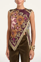 Stunning Floral Print Asymmetric Tassel Trim Scarf Top