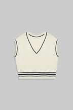 Beige Contrast Trim Cropped Sweater Vest