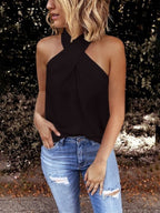 Cross Halter Pure Color Short Sleeve Shirt