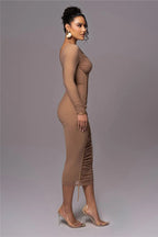 Diagonal Collar Mesh Midi Dress