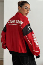 Letter Design Zip Color Block Biker Chic Long Sleeve Jacket