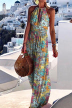 Women's fashionable and elegant vacation style printed large hanging neck design with a sense of long skirt