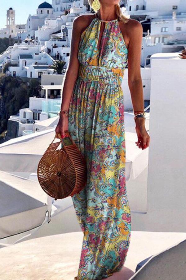 Women's fashionable and elegant vacation style printed large hanging neck design with a sense of long skirt