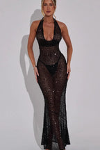 Sequin Halter Deep V Slim Bodycon Sequin Dress