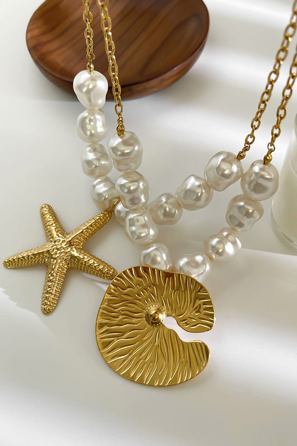 Bohemian Pearl Starfish Lotus Leaf Necklace