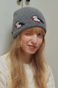 Rabbit Hair Blend Bird Pattern Color Block Knitted Hat