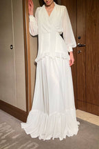 V-neck Lantern Sleeve High-Waisted Tiered Ruffle Maxi Dress