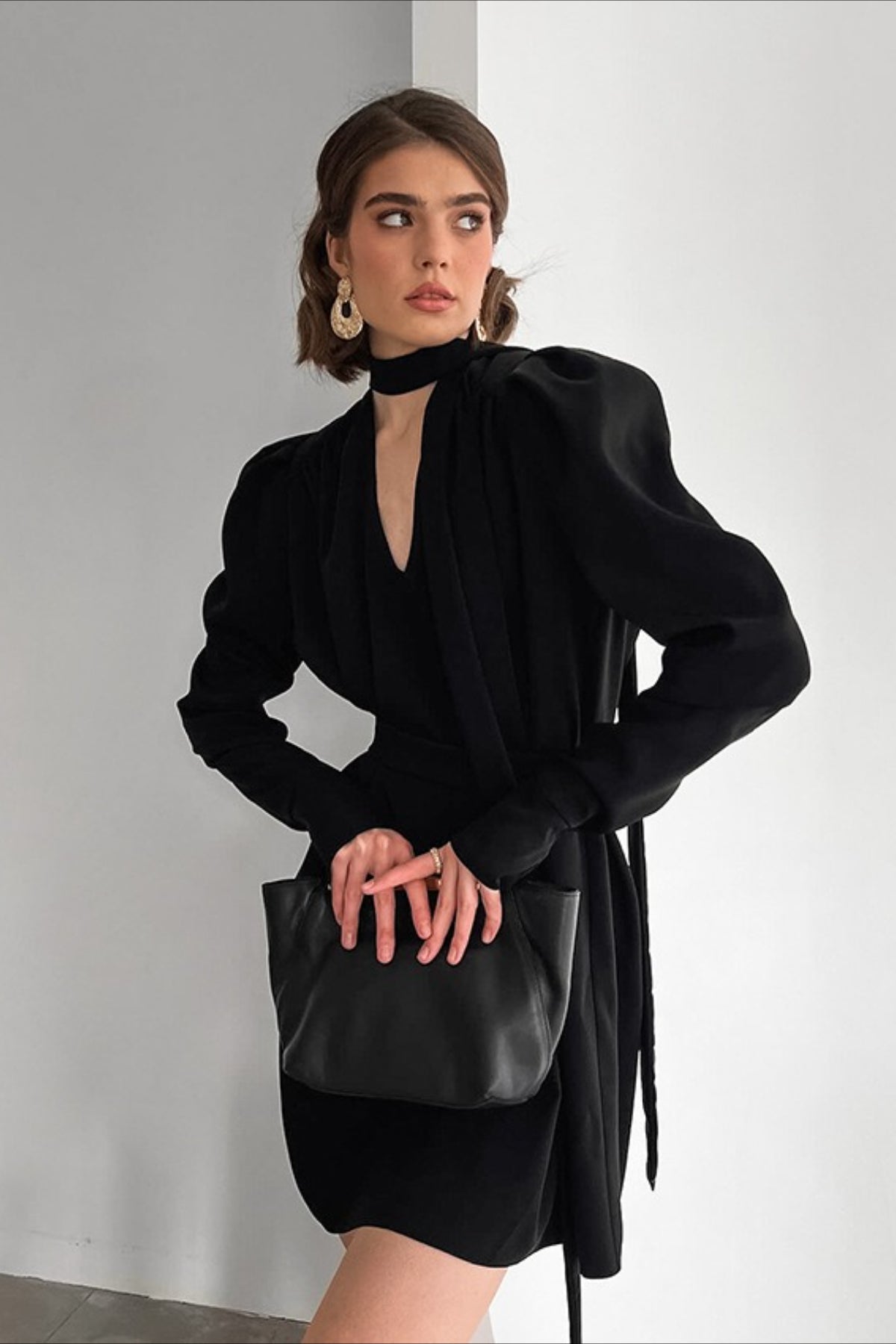 Black V Neck Puff Sleeve Mini Dress