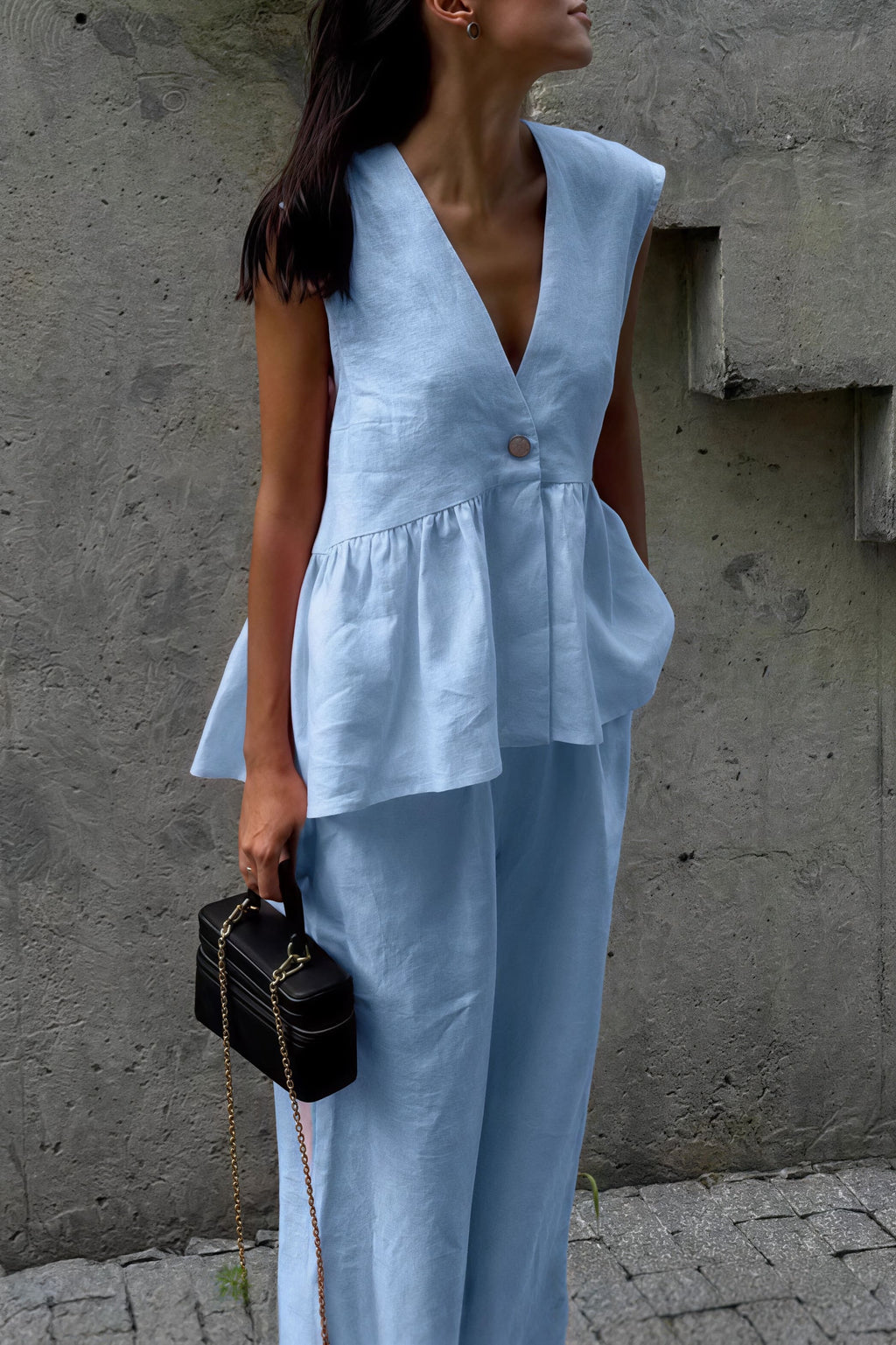 Romantic Cotton V Neck Sleeveless Vest Pants Two Piece Set