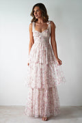 Pink Backless Strap Tiered Floral Dress