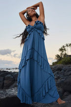 Solid Backless Ruffle Patchwork Boho Dress