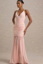 Patchwork V Neck Ruched Backless Maxi Dress