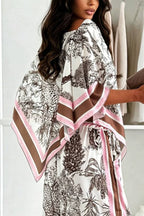 Jungle Themed Satin Unique Print Cape Top and Elastic Waist Pocket Wide Leg Pants Set