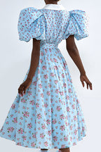 Puff Sleeve Collared High Waist Buttoned A Line Floral Dress