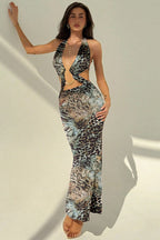Sexy Snake Print Cutout Sheer Maxi Dress