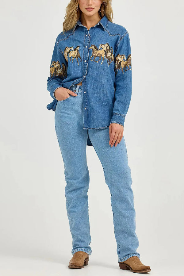 Stylish Horse Print Collared Long-Sleeved Casual Denim Jacket