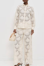 Lillah Embroidered Lace Shell Pattern Long Sleeve Loose Blouse