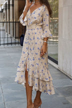 Asymmetric V Neck Flare Sleeve Floral Dress