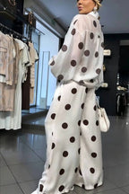 Grazia Polka Dot Sheer Long Balloon Sleeve Shirt and Elastic Waist Pocket Wide Leg Pants Set