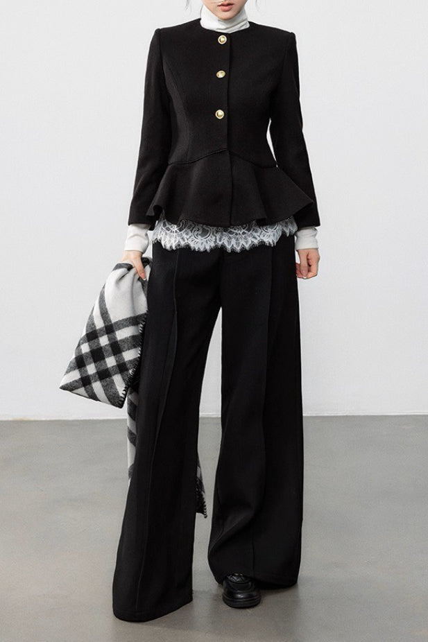 Black Pleated Waist Elegant Wool Coat