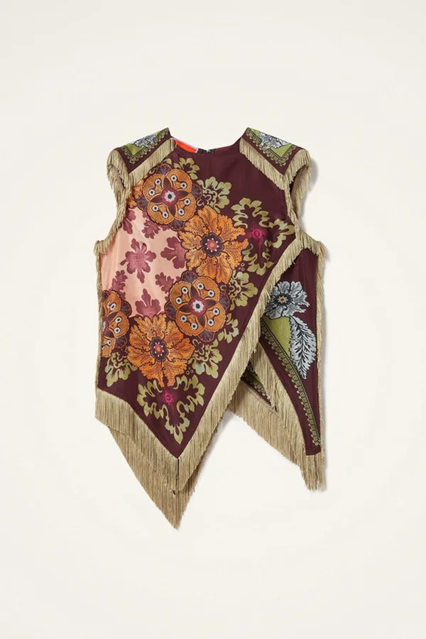 Stunning Floral Print Asymmetric Tassel Trim Scarf Top