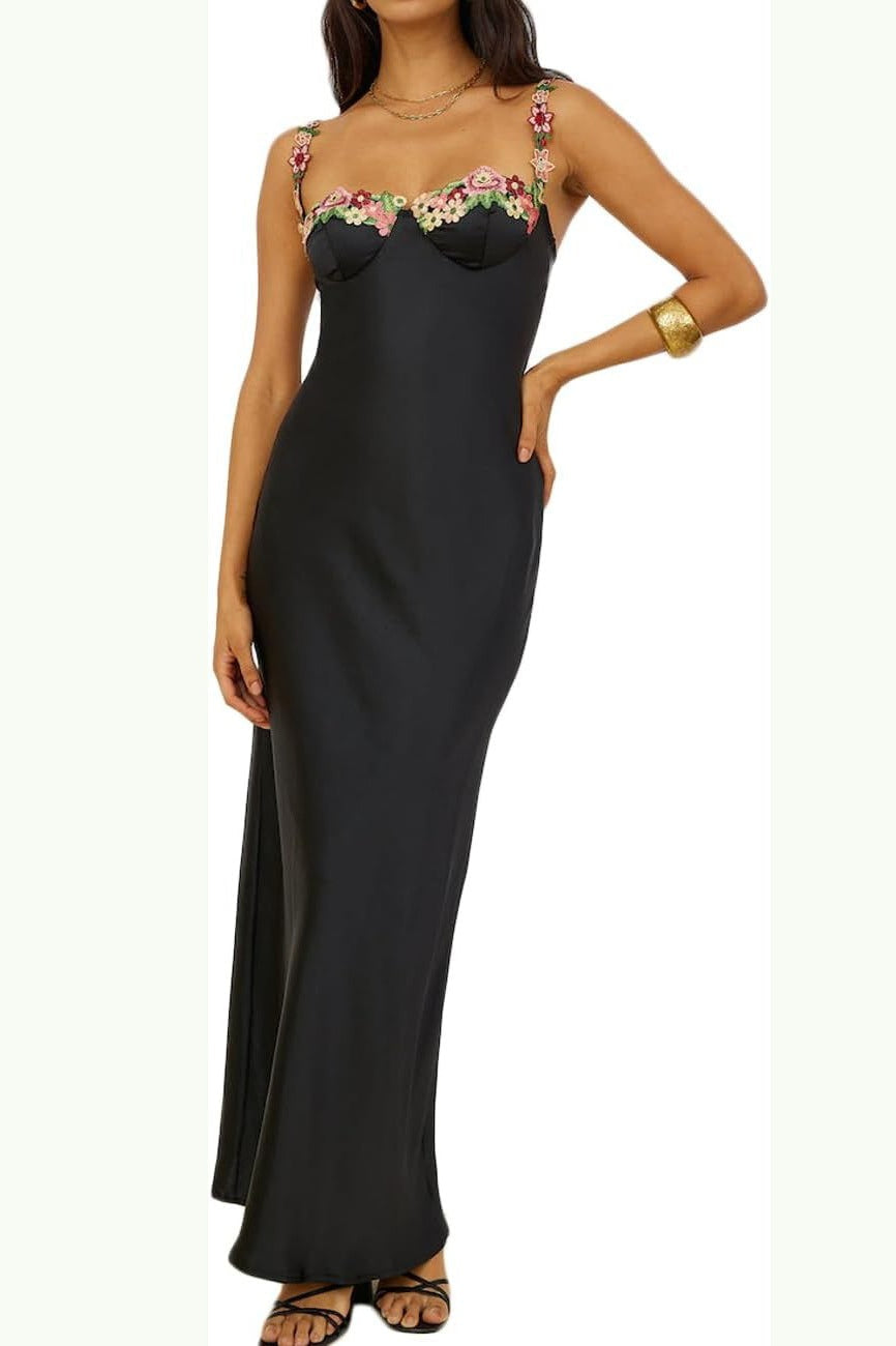 Bodycon Backless Satin LaceTrim Cami Maxi Silk Dress