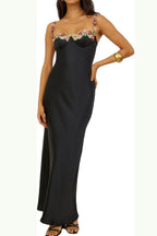 Bodycon Backless Satin LaceTrim Cami Maxi Silk Dress