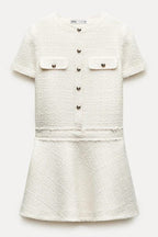 Rebekah Elevated 1960s London Girl Mini Dress in Textured Tweed with Gold Buttons and Short Sleeves and Pockets Boutique Collection