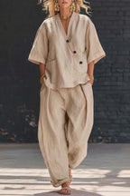 Linen Blend Solid Color V-neck Short-sleeved Loose Top and Elastic Waist Pocket Casual Pants Set