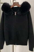 Fur-collar zip-up cardigan