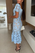 Jodie Flower Lace Sweet Heart Neck Short Sleeve Fishtail Midi Dress