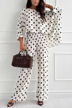 Verne Linen Blend Polka Dot Batwing Sleeve Top and Elastic Waist Pocket Loose Pants Set
