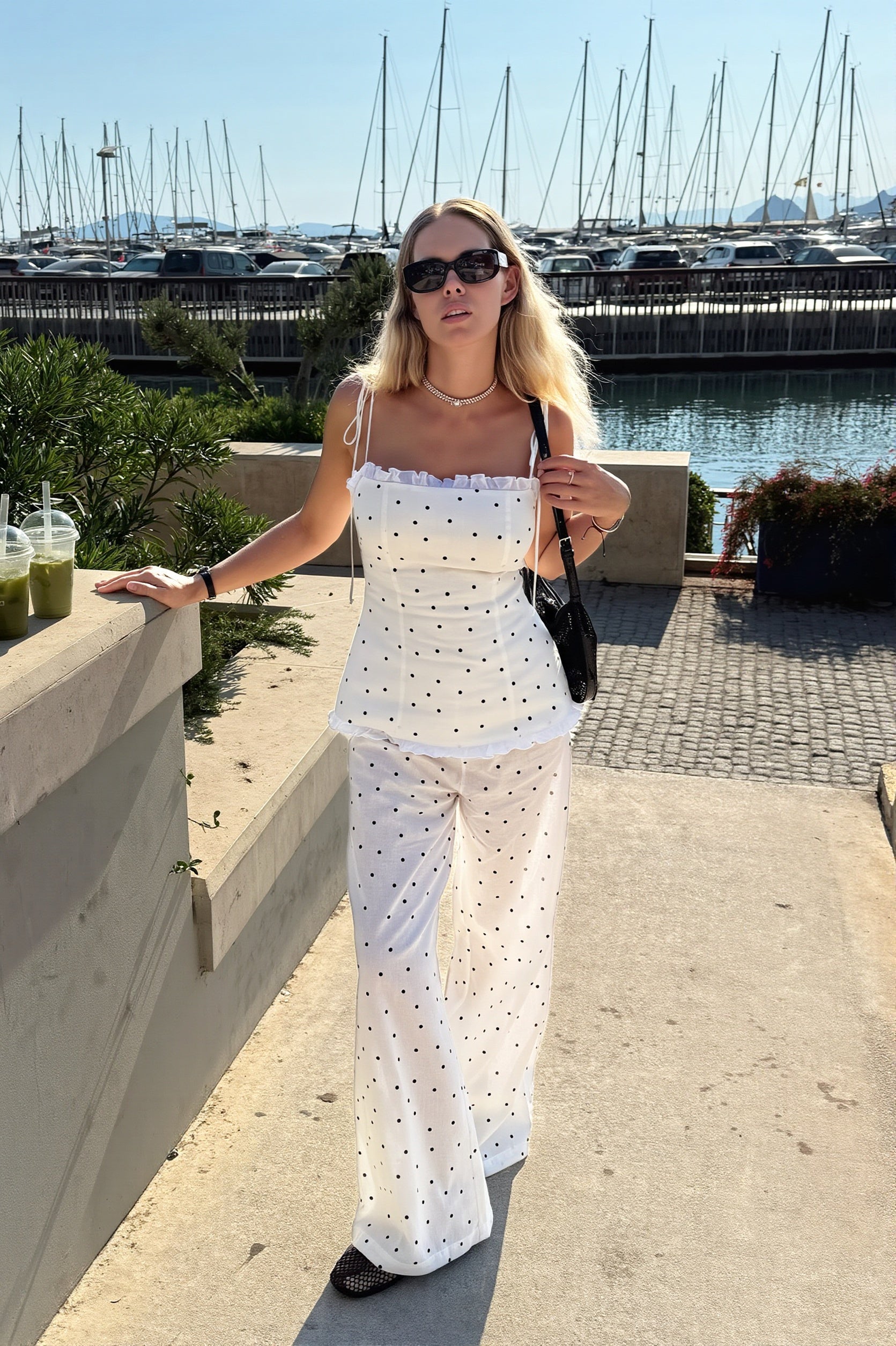 Elegant Polka Dot  Cami Top Straight Pants Two Piece Set