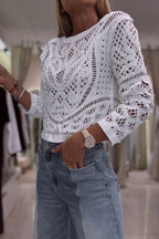 Lopez Knit Crochet Cutout Unique Pattern Long Sleeve Loose Top