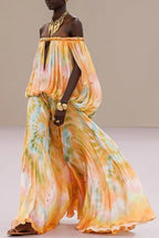 Gorgeous 70s Dream Tie-dye Print Off Shoulder Braid Cutout Detail Drape Maxi Dress