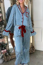 Striped Printed Color-blocked Trim Long-sleeved Loose Top and Elastic Waist Belt Wide-leg Pants Set