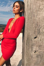Deep V Backless Short Sleeve Autumn Party Dress