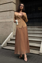 V Neck Double Breasted Knit Blazer Pleated Skirt Set