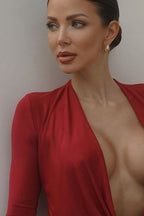 Deep V-Neck Solid Long-Sleeve Slim Fitted Party Dress