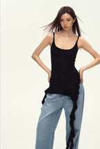 Ruched Asymmetric Black Cami Top
