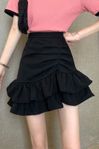 High Waist Pink Flounce Hem Asymmetrical Skirt