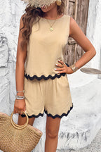 Casual Wavy Edge Buttoned Elastic Waist Shorts Set