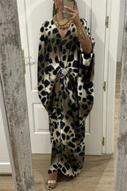 Airy Satin Unique Print V-neck Gemstone Embellished Drape Robe Maxi Dress