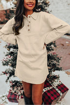 Apricot Polo Collar Knitted Mini Sweater Shift Dress