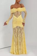 Solid Color Patchwork Lace Off-shoulder Long-sleeved Pleated Slim-fit Maxi Dress