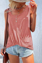 Kink T-Shirt Solid Color Cross Button Round Neck Sleeveless Tank Top