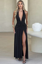 Halter VNeck Backless Ruched Slit Cocktail Dress