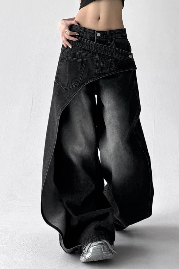 Asymmetric Panel Patchwork Wide Leg High Waist Jeans